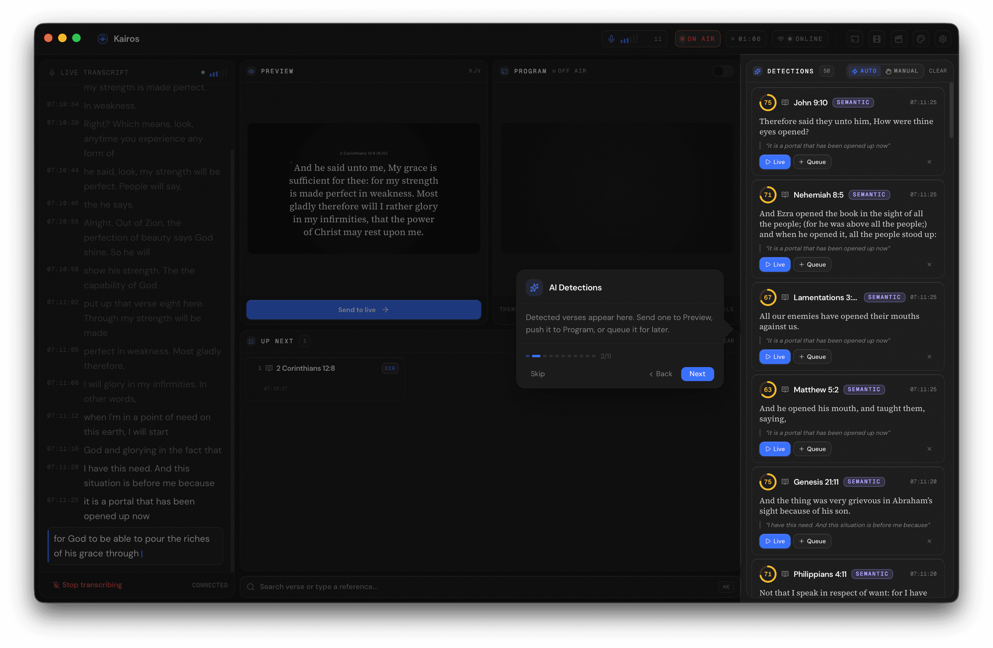Detections panel showing recognized Bible verses with confidence