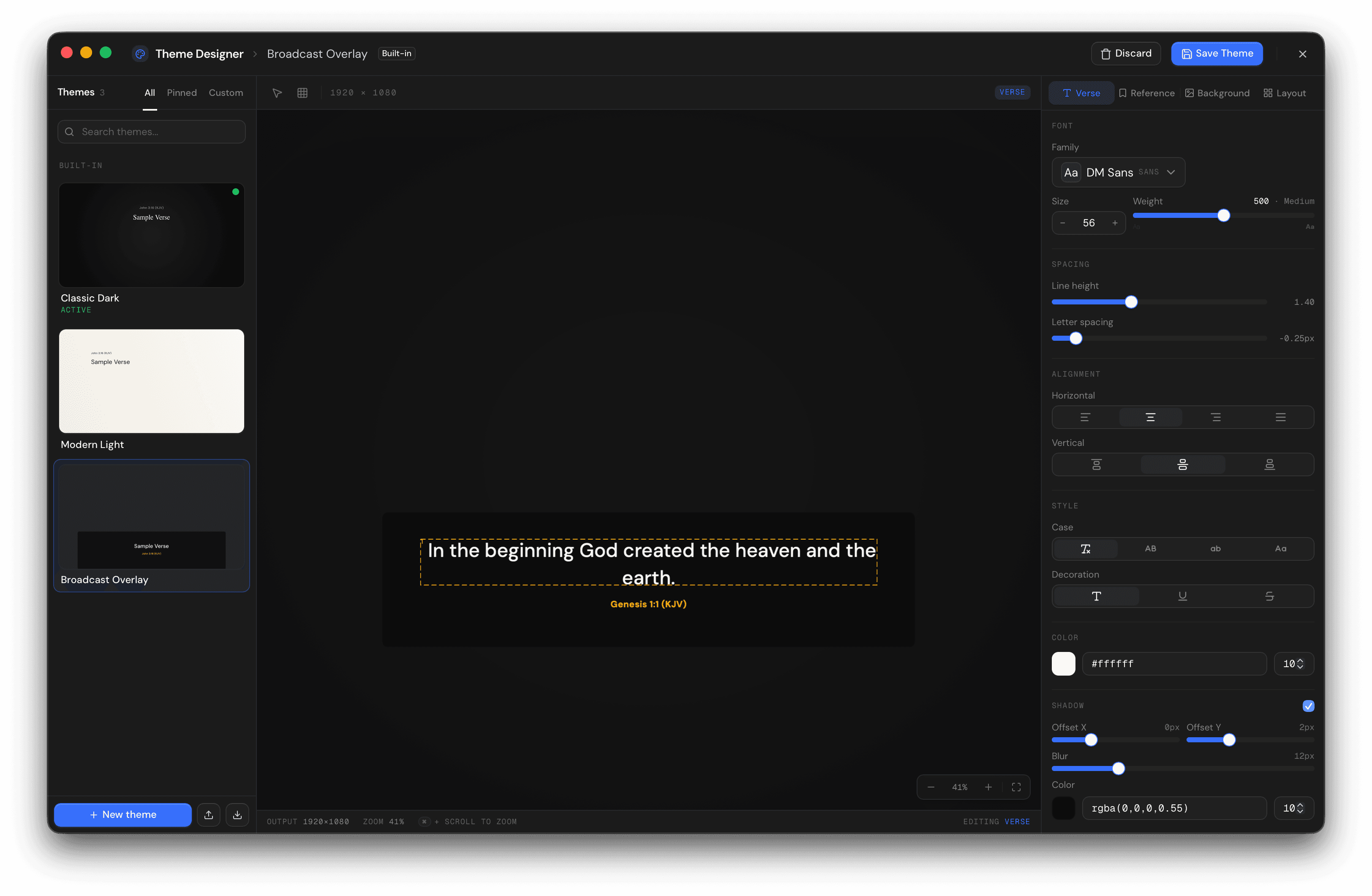 Broadcast theme designer rendering the verse on a 16:9 canvas