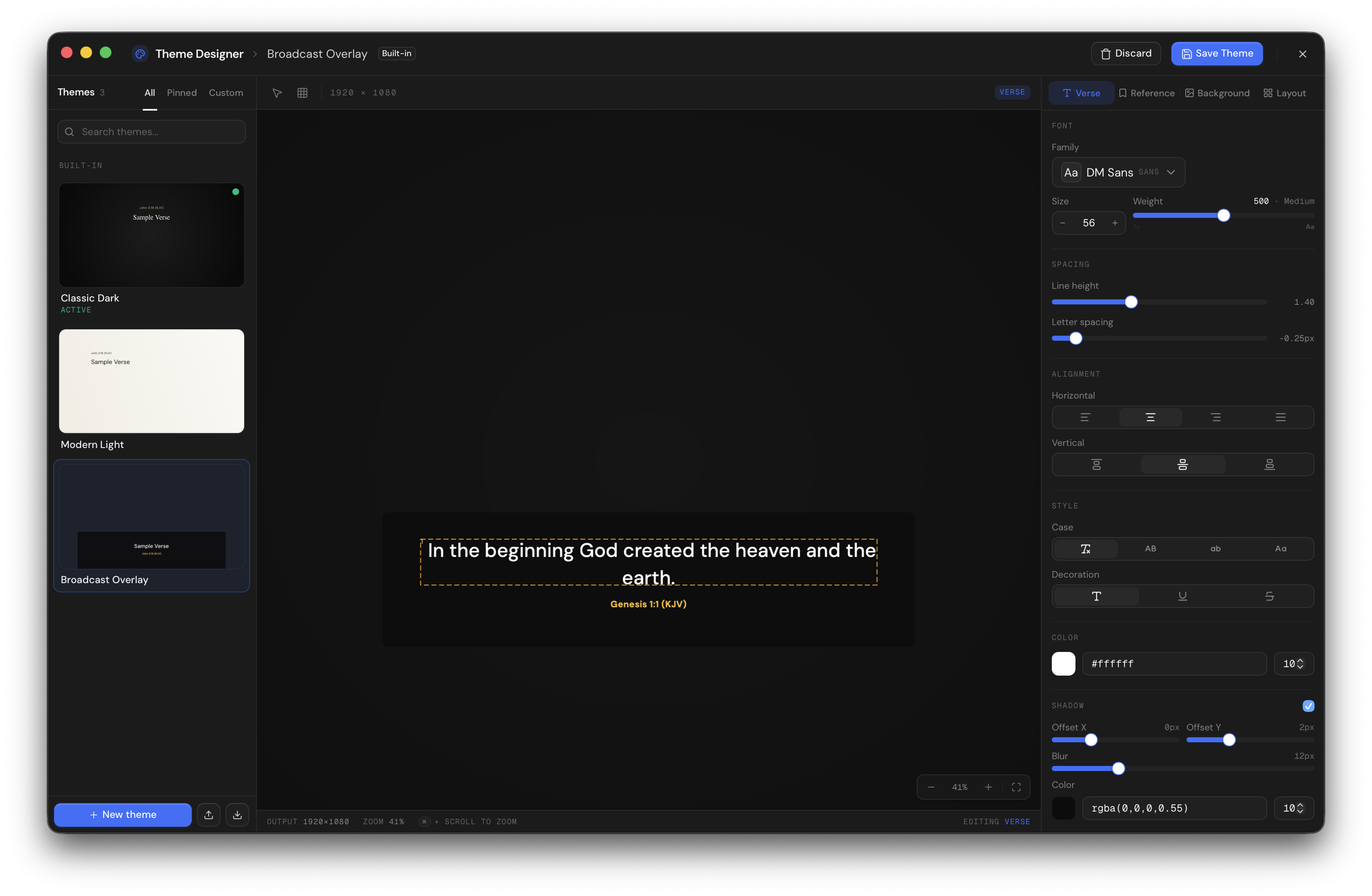Broadcast theme designer rendering the verse on a 16:9 canvas