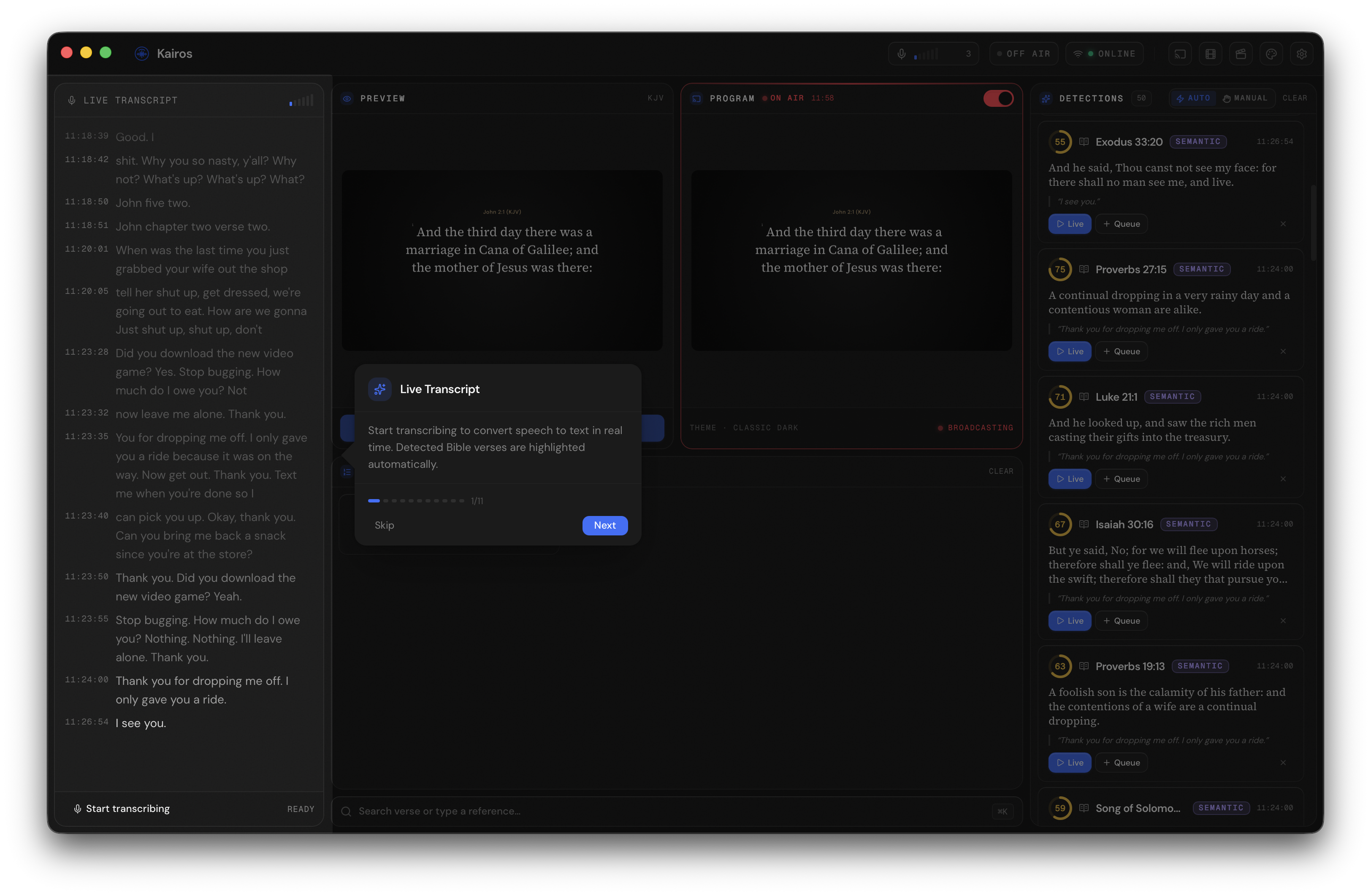 Live transcript scrolling as the pastor speaks